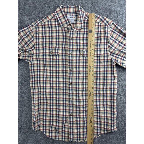 Carhartt Shirt Mens Medium Plaid Short Sleeve Button Up Beige Red Blue Pockets - Picture 4 of 5